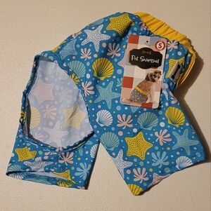 Pet Swimsuit Shorts - Blue and Yellow Starfish Design, Small